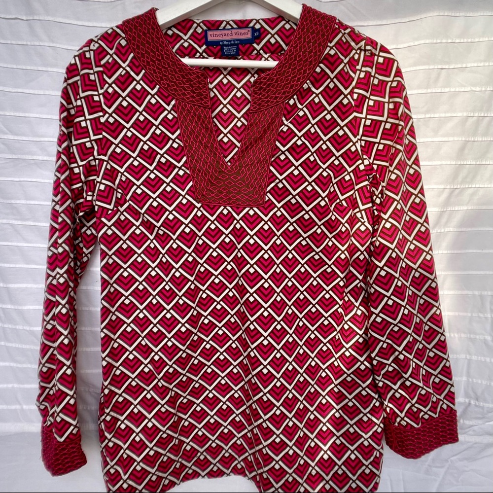Vineyard Vines Pink Red Cotton Tunic Shapes Blouse